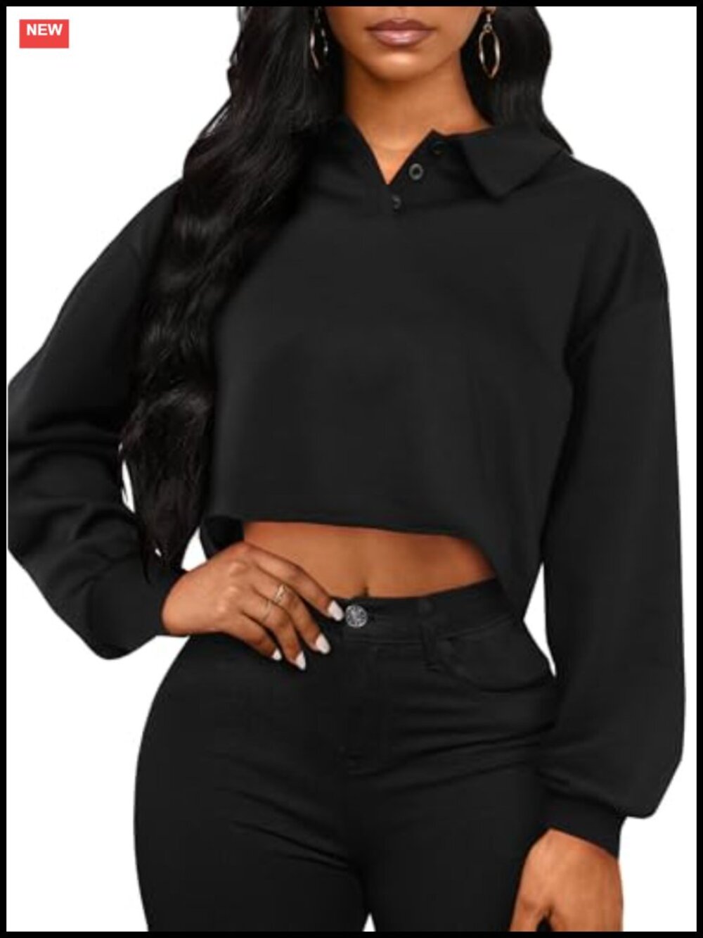 Polo Collar Cropped Sweatshirt Long Sleeve Pullover